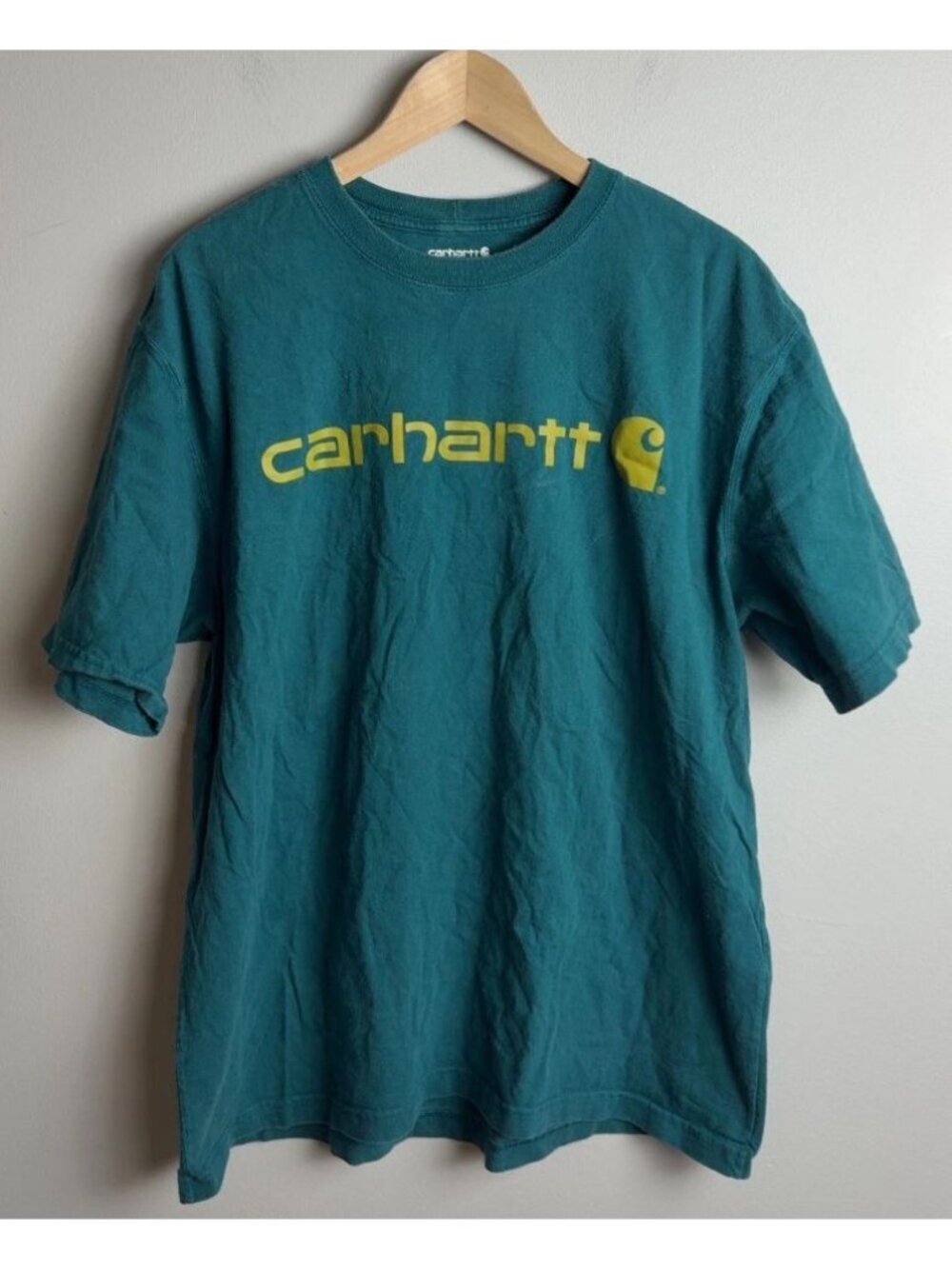 Carhartt Loose Fit Graphic T-Shirt Teal Yellow Logo Size Large K195 Men’s
